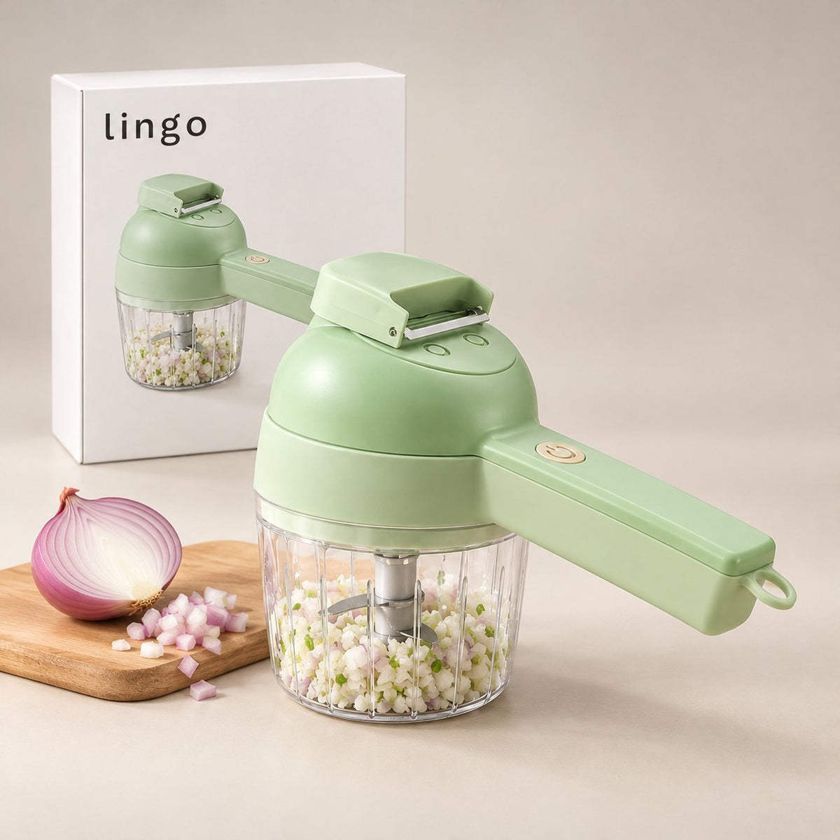 Vegetable cutter with chopped onion on a cutting board and its lingo box