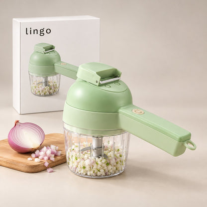 Vegetable cutter with chopped onion on a cutting board and its lingo box