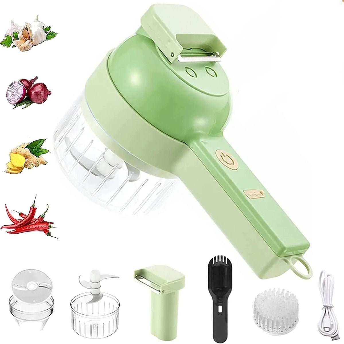 4-in-1 cordless vegetable cutter in mint green with its attachments and fresh vegetables