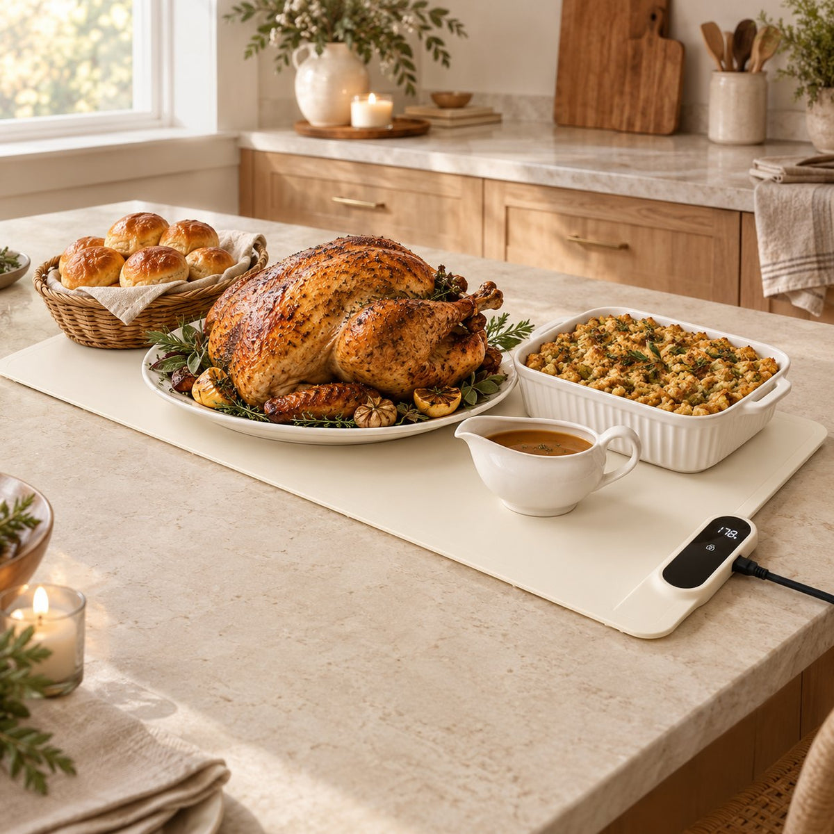 Cream roll-up warming mat holding a roast turkey, a casserole, gravy and rolls on a kitchen island