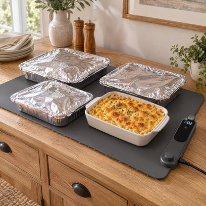 Graphite warming mat holding foil trays and a baked dish on a buffet