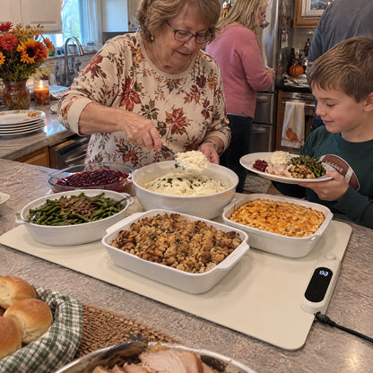 Family serving Thanksgiving dishes kept warm on the mat