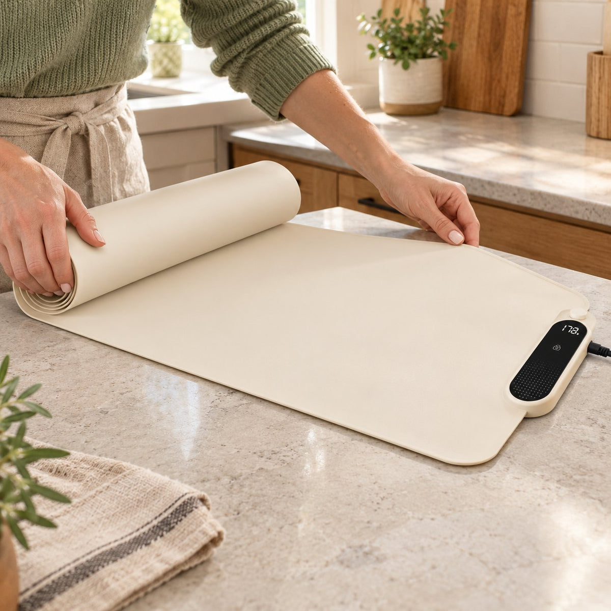 Unrolling the warming mat on a kitchen counter