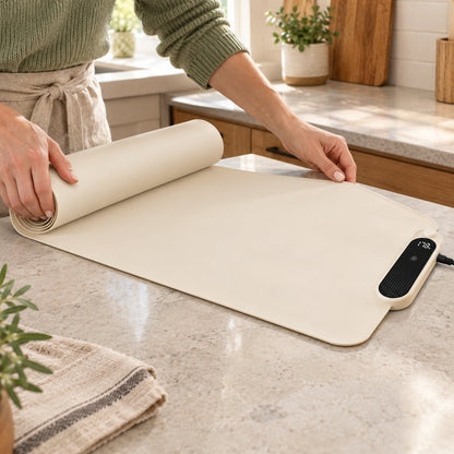 Unrolling the warming mat on a kitchen counter