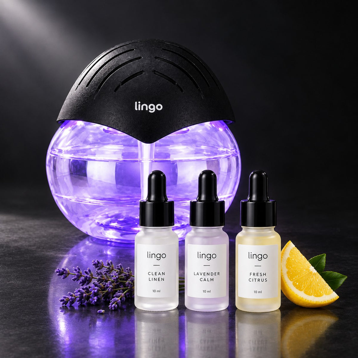 The purifier glowing purple, with the scent trio