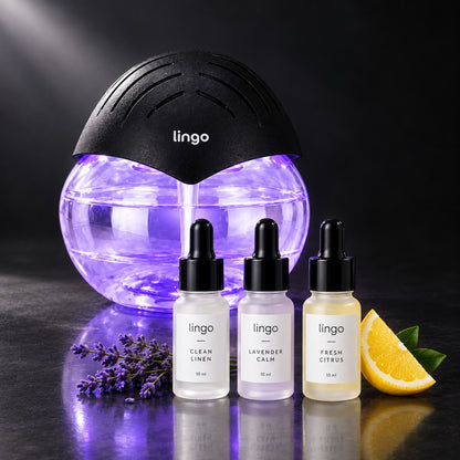 The purifier glowing purple, with the scent trio