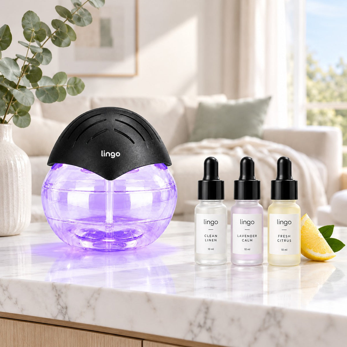The purifier and scent trio on a living-room console