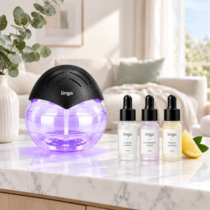 The purifier and scent trio on a living-room console