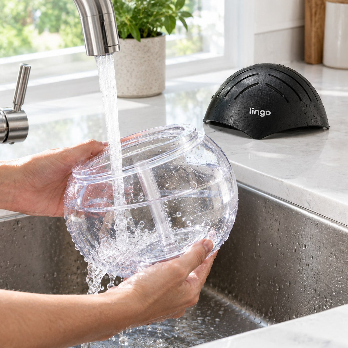 Rinsing the bowl under the tap