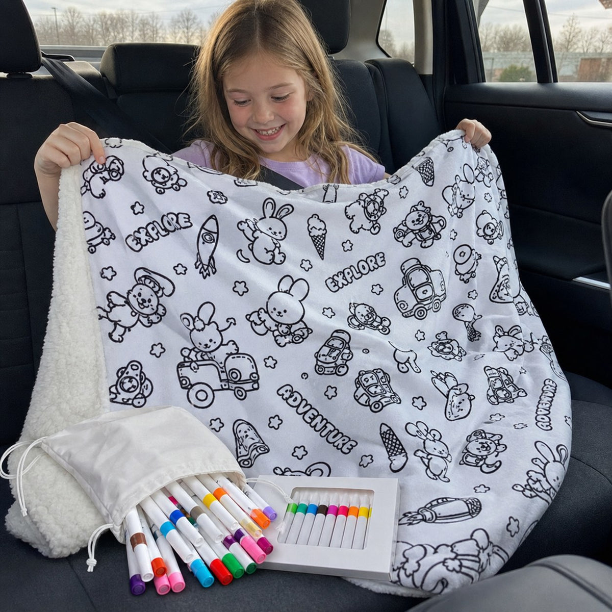 The blanket and markers coming out of the carrying bag in the car
