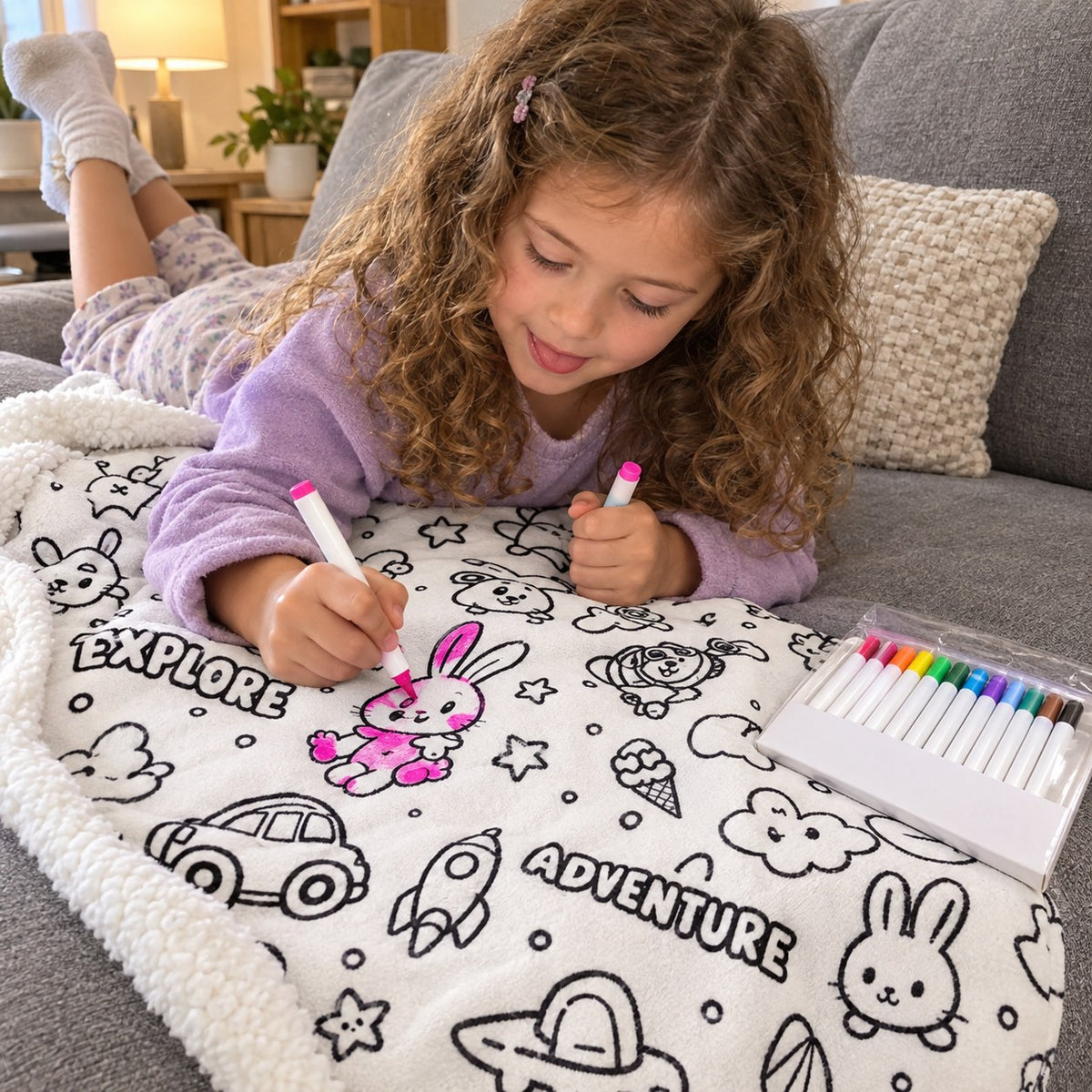 A girl coloring a bunny on the blanket on the couch