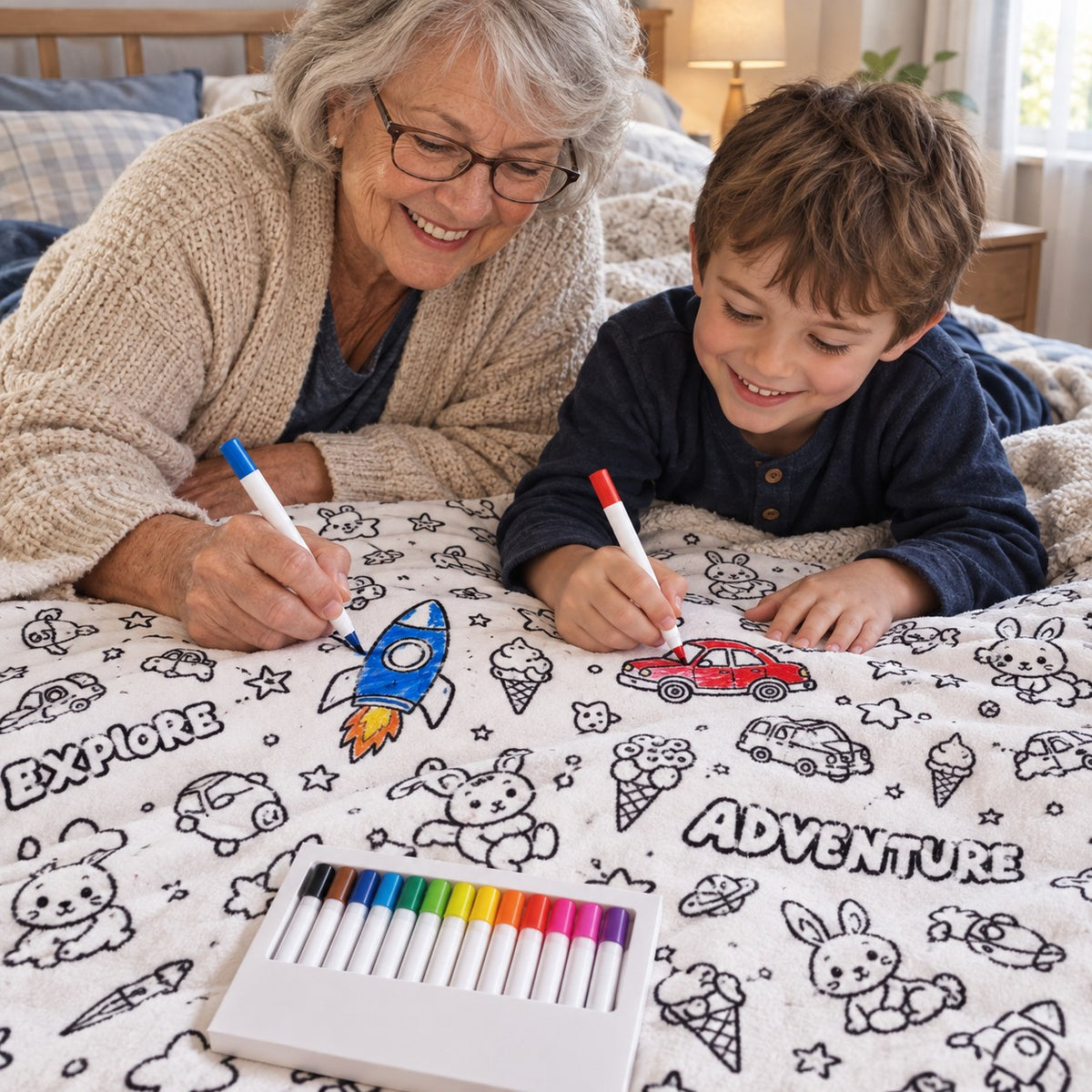 A grandmother and grandson coloring together