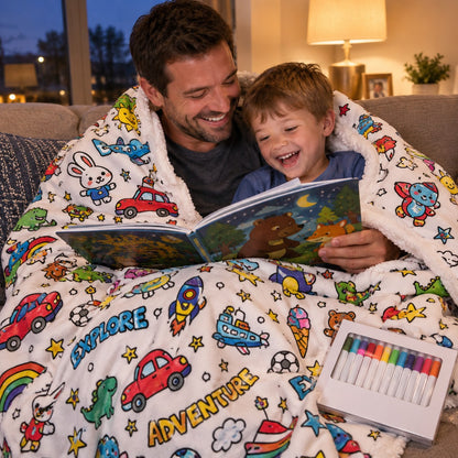 Father and son wrapped in the finished blanket