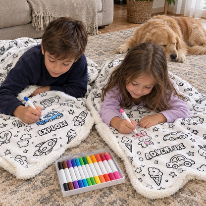 Two siblings each coloring their own blanket
