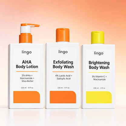 Lingo Body Glow Trio: exfoliating wash, brightening wash, AHA lotion