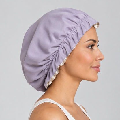 Woman wearing the Purple bonnet, side view