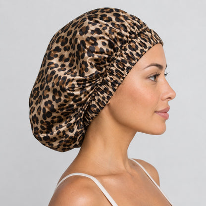 Woman wearing the Leopard bonnet, side view