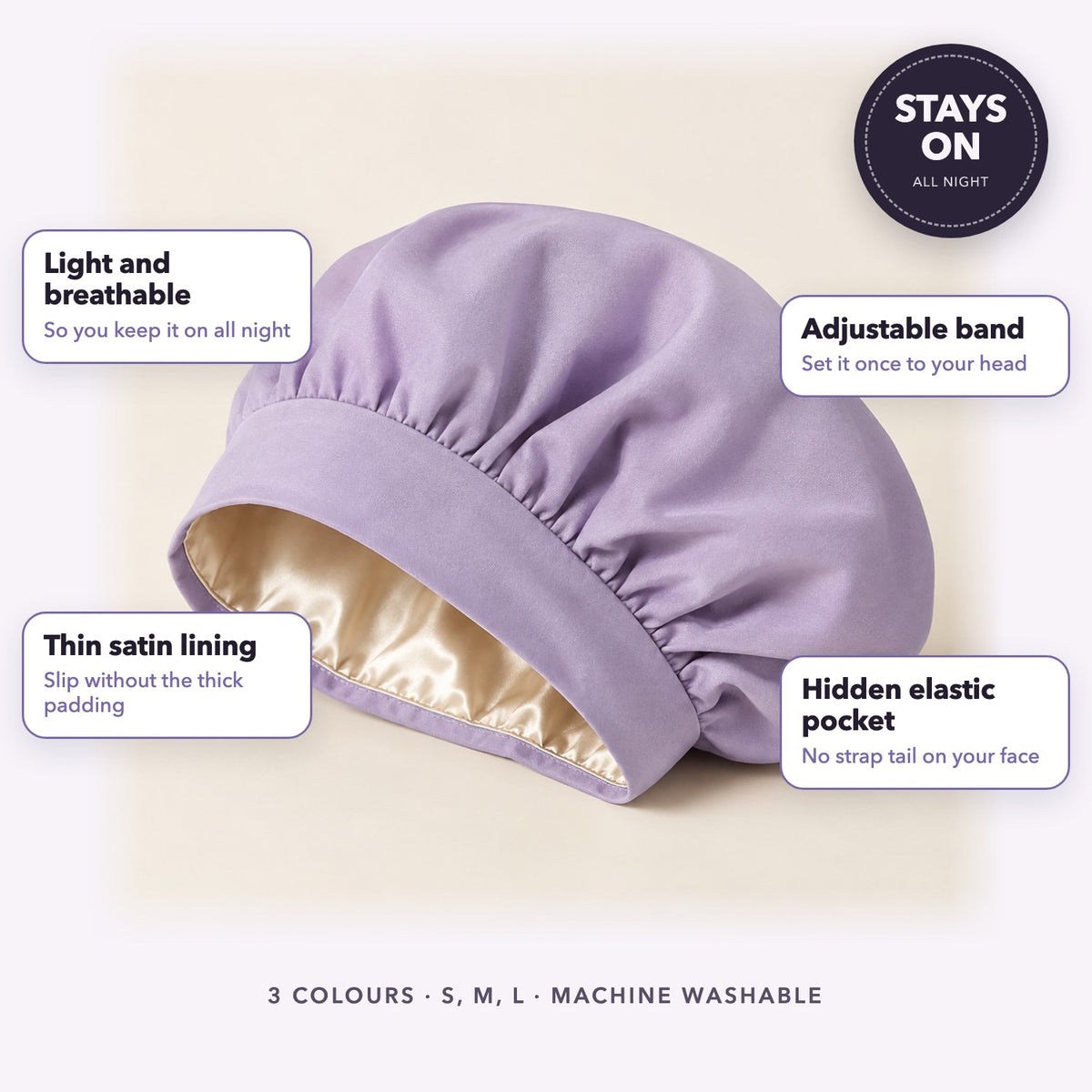 Lingo Sleep Bonnet: lightweight, satin-lined, adjustable band with hidden elastic pocket