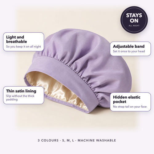 Lingo Sleep Bonnet: lightweight, satin-lined, adjustable band with hidden elastic pocket