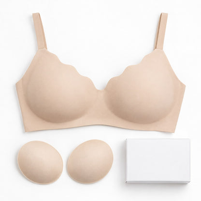 The bra laid flat with its two removable pads