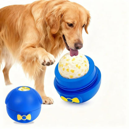A golden retriever licking the frozen treat locked in the toy