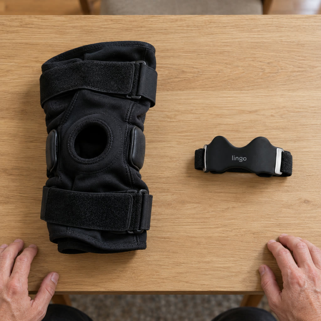 A bulky knee brace next to the small Lingo strap