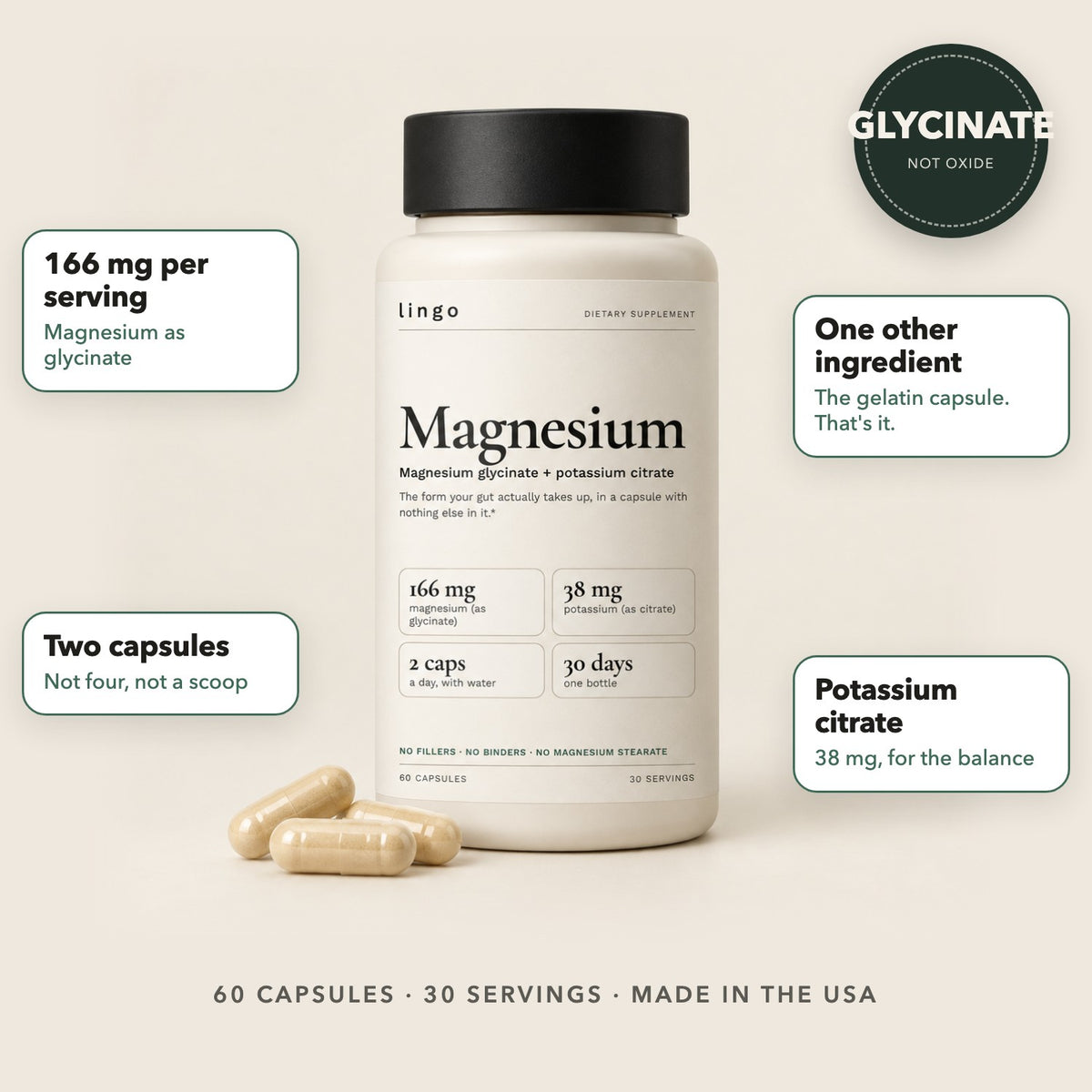 Lingo Magnesium: 166 mg magnesium glycinate, 38 mg potassium citrate, one other ingredient