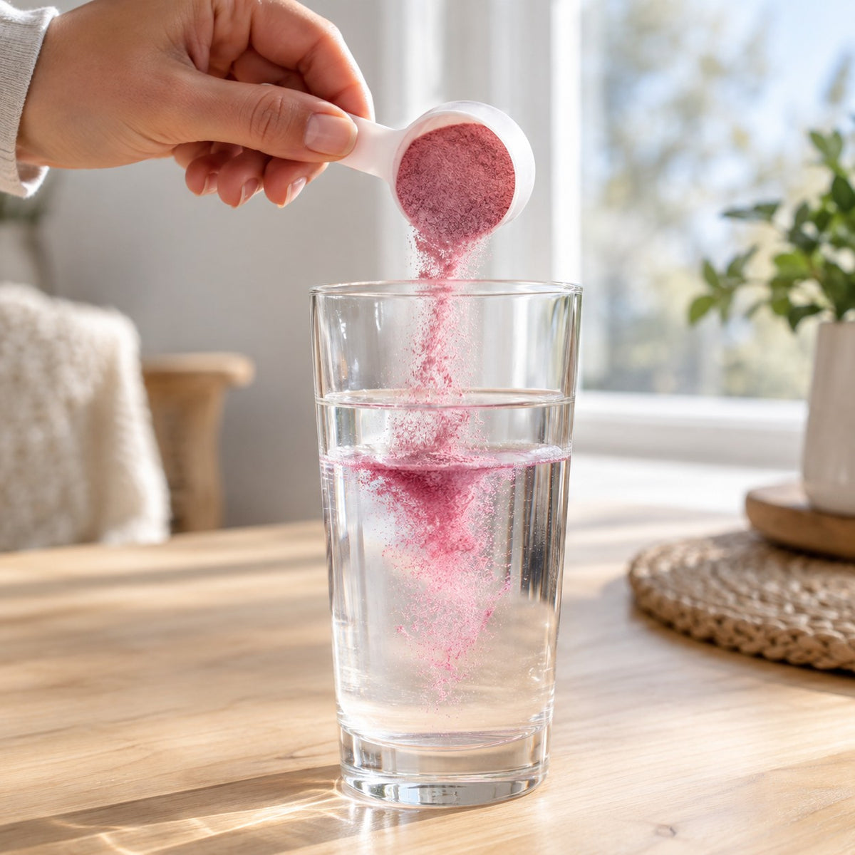A scoop of Lingo Minerals going into a glass of water