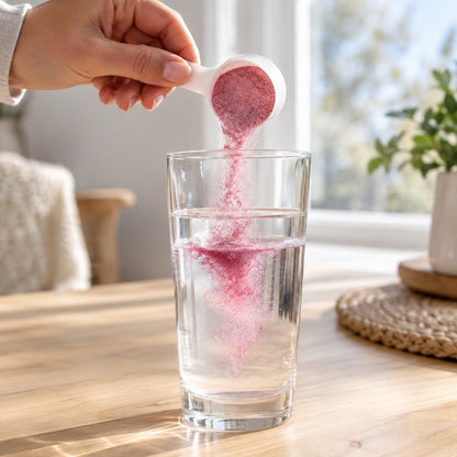 A scoop of Lingo Minerals going into a glass of water
