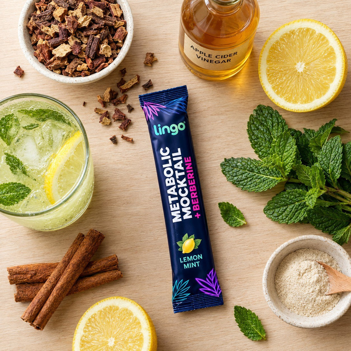 The actives: berberine, cinnamon, apple cider vinegar, lemon and mint