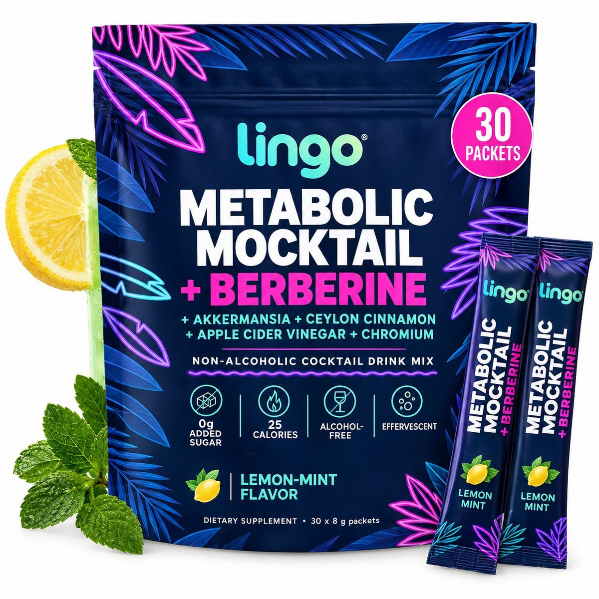 Lingo Metabolic Mocktail: 30 lemon-mint packets with berberine and akkermansia
