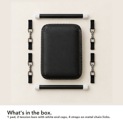 What's in the box: 1 pad, 2 tension bars with white end caps, 4 straps on metal chain links