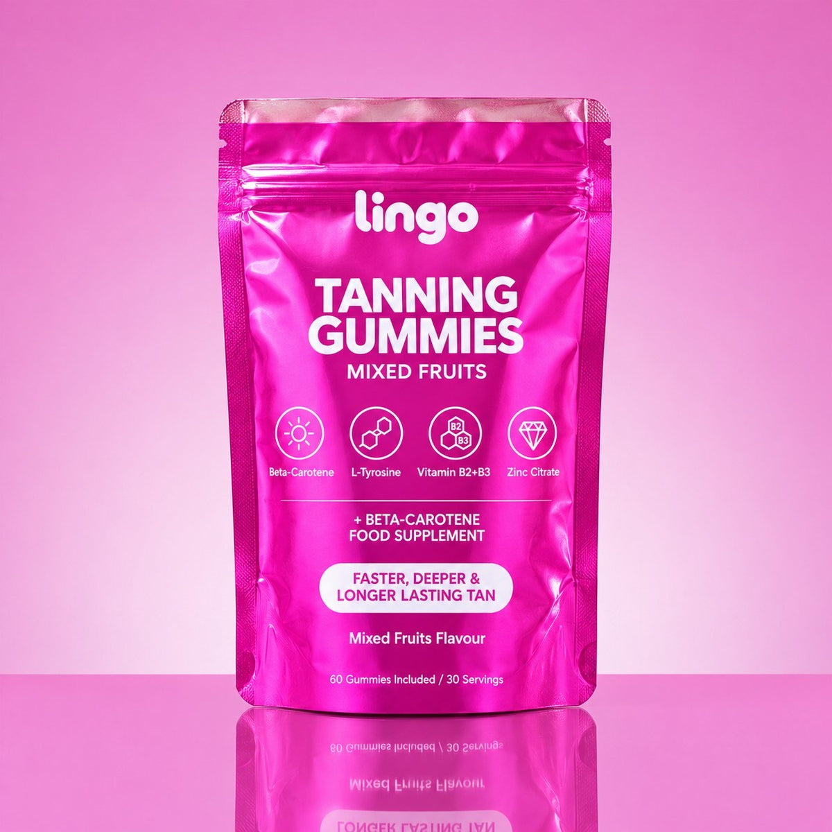 Lingo Tanning Gummies: 60 mixed-fruit gummies with beta-carotene and L-tyrosine
