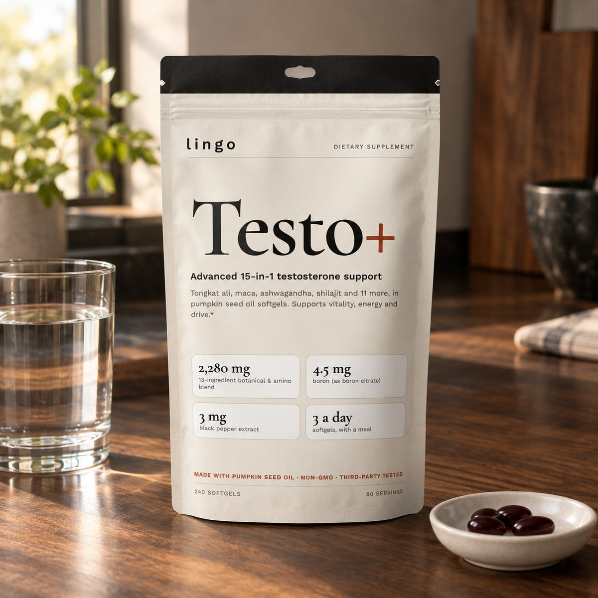 Lingo Testo+ pouch on a kitchen counter with softgels
