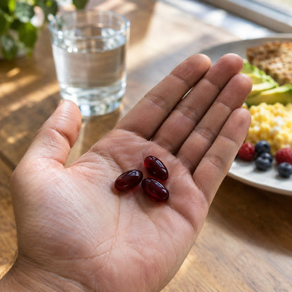 Three Lingo Testo+ softgels in a hand