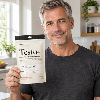 Man holding a pouch of Lingo Testo+