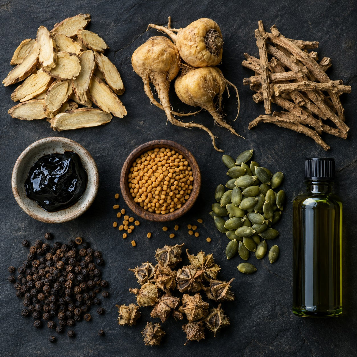 Tongkat ali, maca, ashwagandha, shilajit, fenugreek and pumpkin seed oil