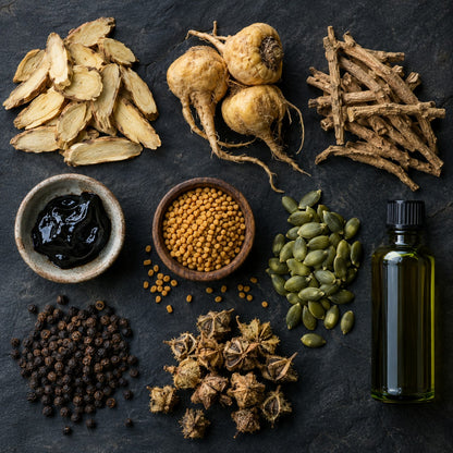 Tongkat ali, maca, ashwagandha, shilajit, fenugreek and pumpkin seed oil