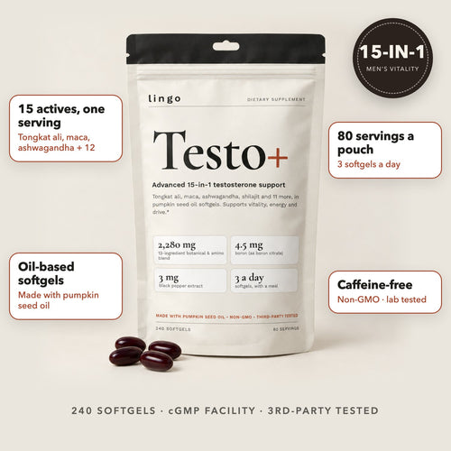Lingo Testo+ pouch: 15 actives in one serving, oil-based softgels, 80 servings, caffeine-free