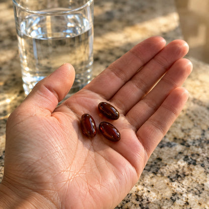 Three softgels in a hand