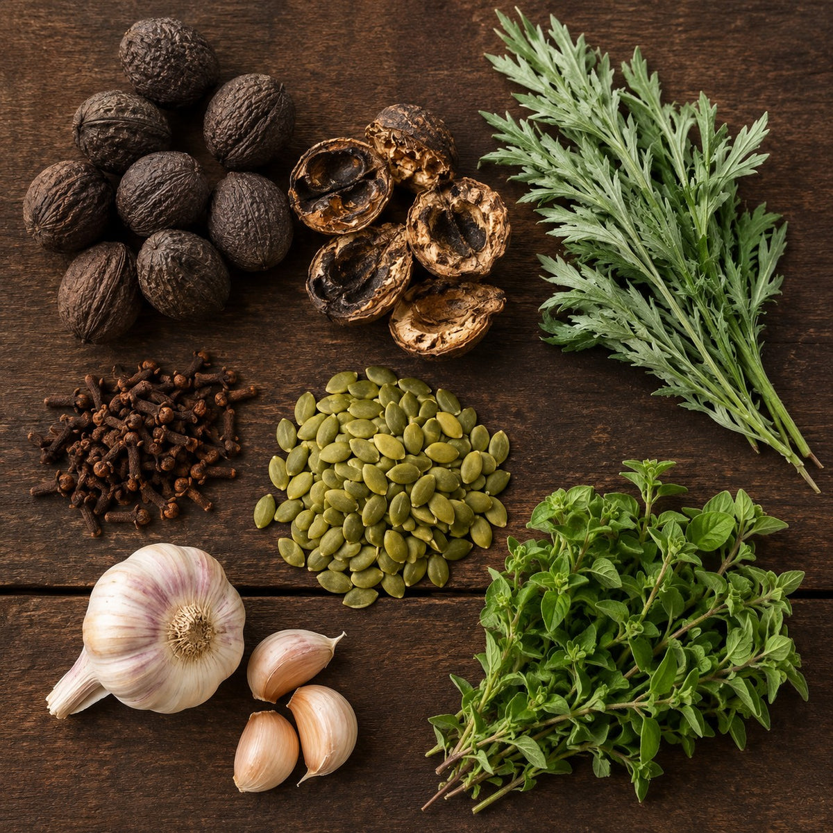 Black walnut, wormwood, clove, pumpkin seed, garlic and oregano