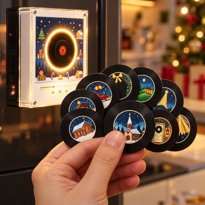 The nine magnetic mini records, one Christmas song each