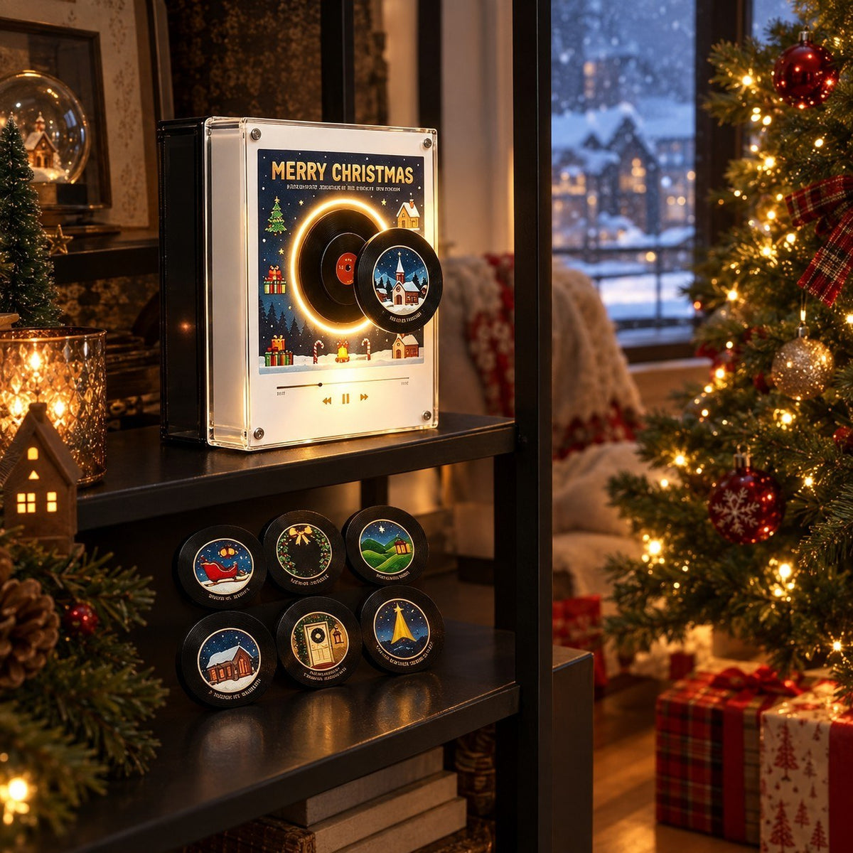 The player on a shelf next to the Christmas tree