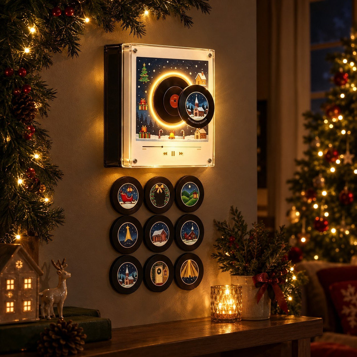 Mounted on the wall shelf, glowing