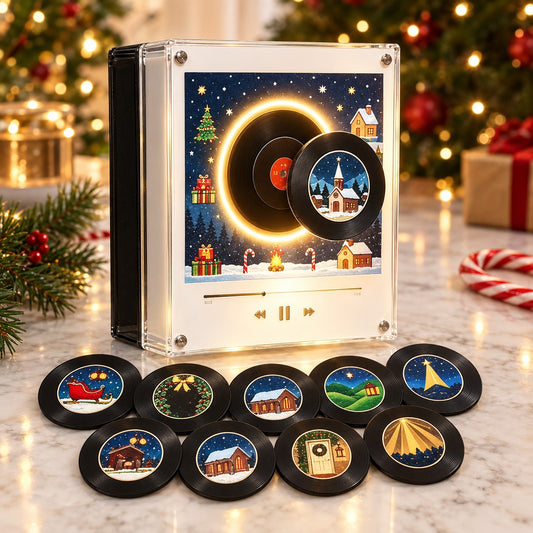 Lingo Christmas Vinyl Player with its nine mini records on a kitchen counter