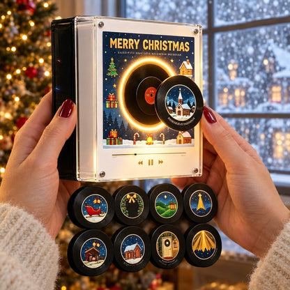 The player and its records held in front of a snowy window