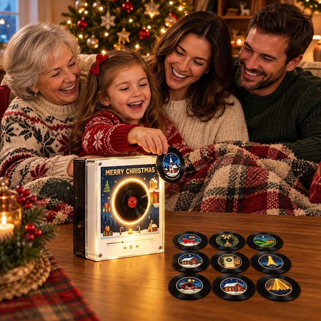 Family evening with the player glowing on the table