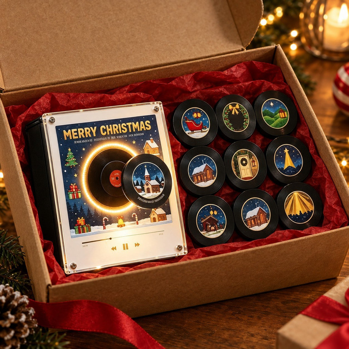 The player and nine records in a gift box