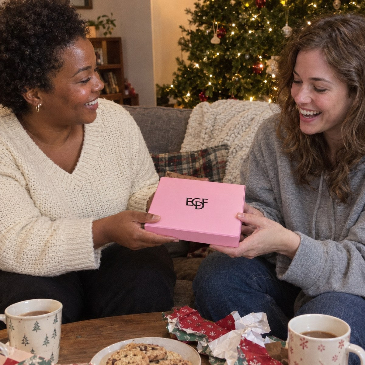 A woman hands the closed pink gift box to her friend on a sofa by a Christmas tree