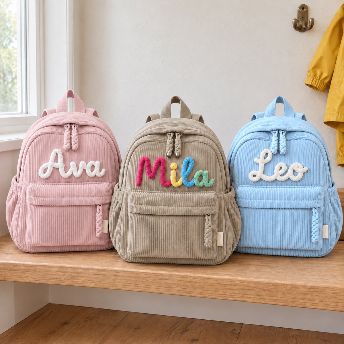Three kids' corduroy backpacks on a window bench: pink with Ava, khaki with Mila in rainbow letters and blue with Leo